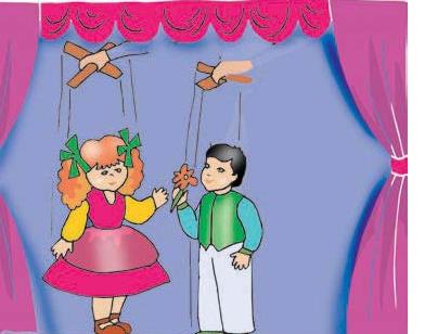 Deux marionnettes suspendues à des fils, sur une scène aux rideaux roses